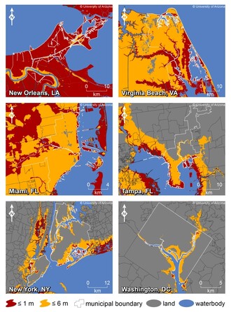 Mapa mo�n�ch zaplaven�ch oblast� na pob�e�� USA. �erven� jsou zobrazena �zem� ohro�en� p�i stoupnut� hladin mo�e o metr, �lut� o �est. Pro v�t�� obr�zek klikn�te zde.