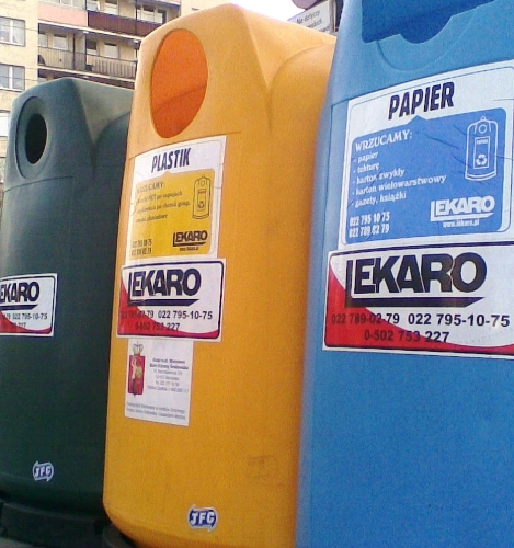 In Bydgoszcz, Poland containers for recycling like these will soon be replaced by incinerator smoke financed with EU Funds.