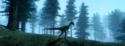Ilustrace malého dinosaura v lesní krajině Foto: Depositphotos