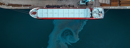 Letecký snímek nákladní lodi, z níž uniká ropa. Foto: Depositphotos
