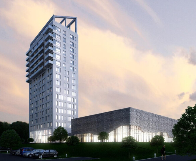 Obrázek 1: Mjøstårnet. 3D-vizualizace.