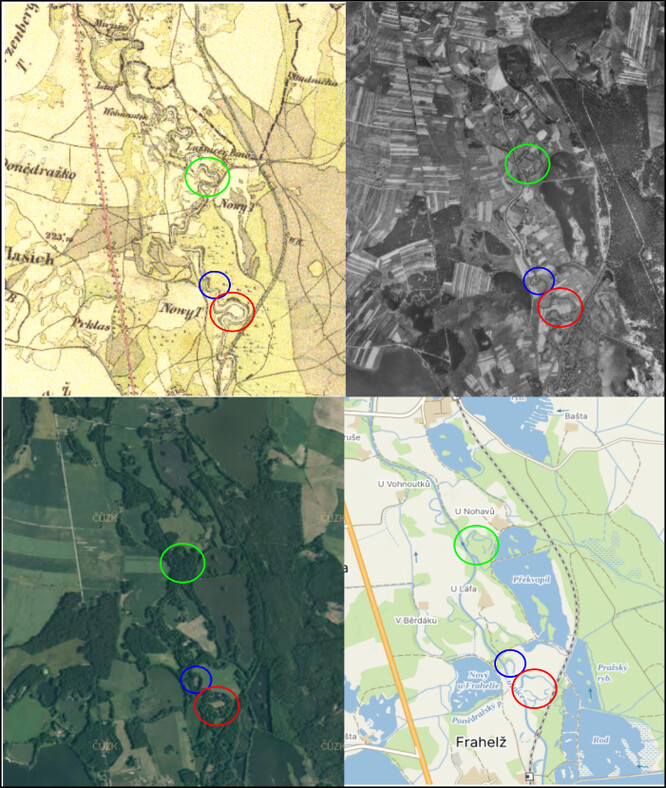 Obr. 1: Pohled do minulosti mapa z I. vojenského mapování, z 50. let minulého století, recentní snímky, a nakonec topografická mapa. Za zmínku stojí nejen narovnání řeky a postupné zarůstání a mizení mrtvých ramen, ale také celková změna krajiny a zároveň také silné zarůstání řeky, kdy je tok prakticky celý zastíněný lesem. 