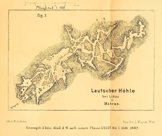  První mapa Mladečských jeskyní od Josefa Szombathyho z roku 1882. 