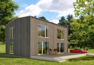  „Hotový“ dům opláštěný přírodně zašedlou modřínovou palubkou napuštěnou minerálním olejem jako výsledek důsledné optimalizace bez architektonických ambicí. Za uspořené peníze při pořízení a provozu domu si lze dovolit pěkné auto (pokus o humor). Stavební plány a podrobnosti včetně doporučených stavebních postupů najdete volně ke stažení na www.optimalizmus.cz. Z důvodu vyhovění stavebním úřadům v současné době pracujeme i na variantě domu s podkrovím a sedlovou střechou a omítkovou fasádou.