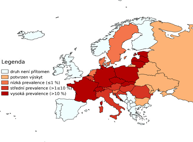 Rozšíření a prevalence <em>Echinococcus multilocularis</em> u lišek obecných v Evropě (1968–2014). 