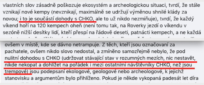 Člen Roverských patriotů zmiňuje existenci zákulisní dohody trampů se správou CHKO