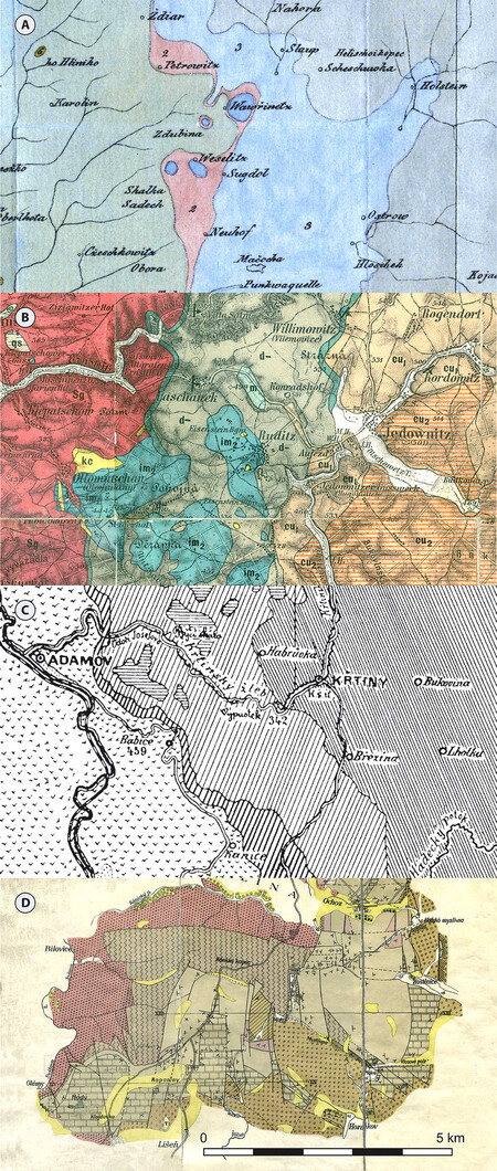  Nejstarší geologické mapy Moravského krasu. Karel Ludvík von Reichenbach – 1832 (A), Alexander Makowsky a Anton Rzehak – 1895 (B), Josef Vladimír Procházka – 1899 (C) a Karel Zapletal – 1921 (D). 