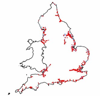  Mapa historických pobřežních skládek v Anglii a Walesu.