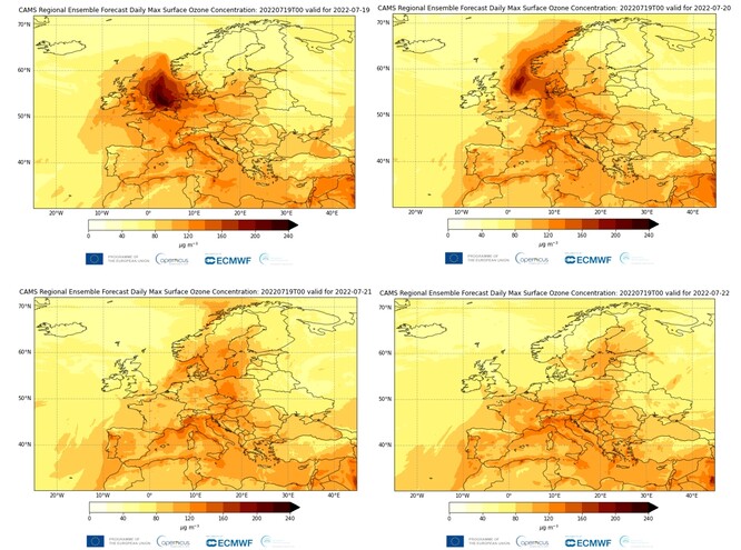 Regionální ansámblové předpovědi CAMS pro denní maximální koncentrace ozonu při zemském povrchu v Evropě inicializované 19. července 2022 a platné pro období 19.-22. července. <br />
<br />
