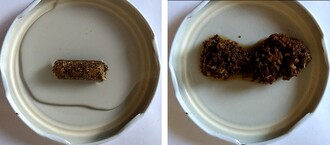  Retenční schopnost granulovaného organického hnojiva po 15 minutách po zalití 10 ml vody.