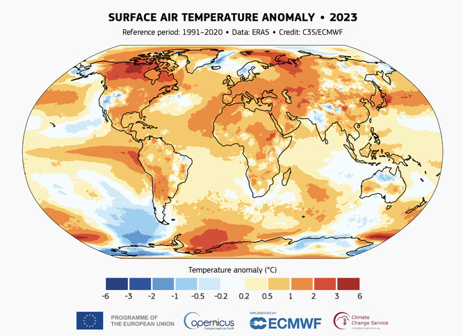 Anomálie přízemní teploty vzduchu pro měsíc prosinec 2023 vzhledem k průměru referenčního období 1991-2020. Zdroj dat: ERA5. 