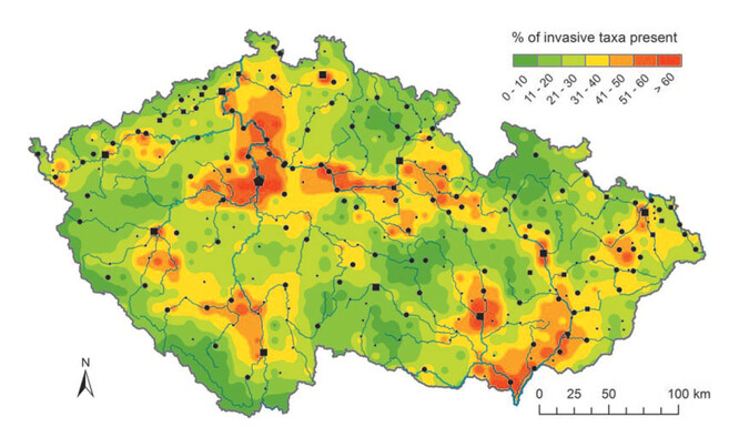 Mapa intenzity rostlinných invazí v ČR na základě výskytu 40 invazních neofytů.