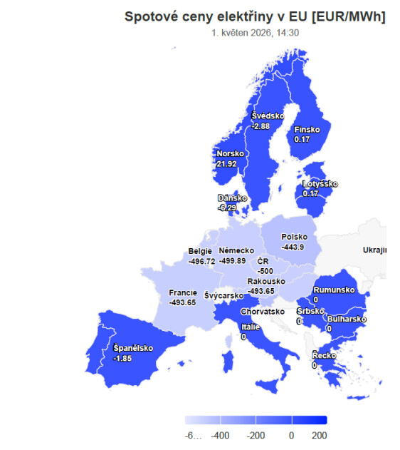 Obr 7) Spotové ceny v různých státech Evropy v době kolem extrému záporných cen 26. dubna.