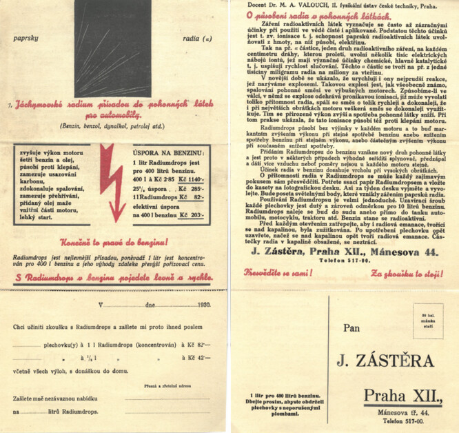 Reklamní materiál pana J. Zástěry popisující aditiva s radiem do automobilového paliva.