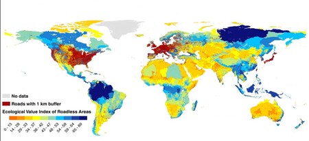  Mapa zobrazuje ekologickou hodnotu oblastí bez silnic. Modré oblasti představují území, která jsou velká a propojená a/nebo s vysokou biodiverzitou. Červené plochy zobrazují oblasti, které jsou kompletně protkány silnicemi. 